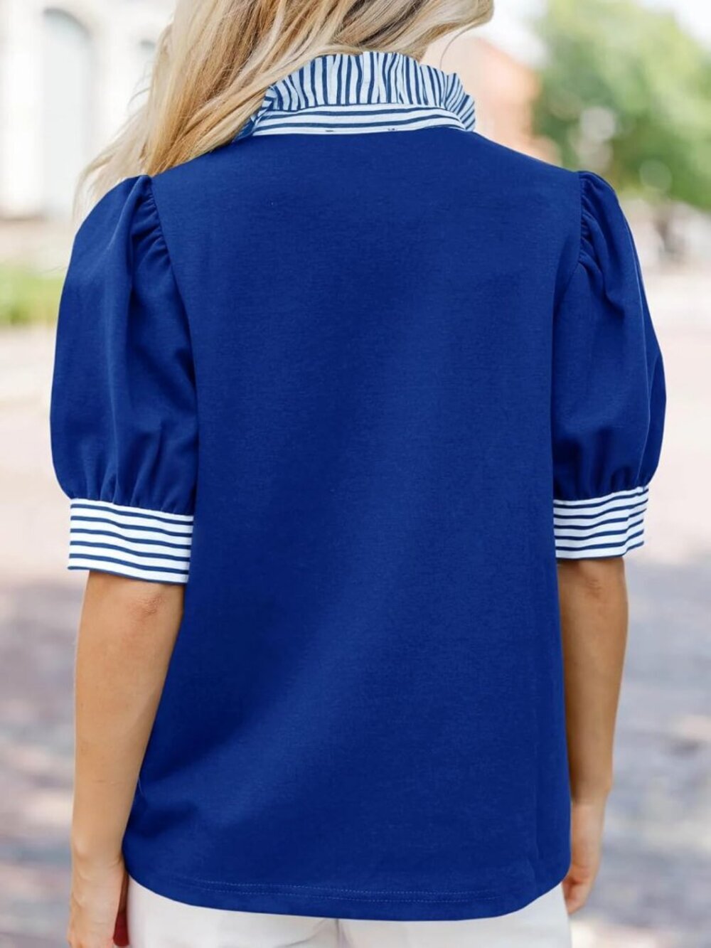 Women's Summer Puff Sleeve Blouse Royal Blue Ruffle V Neck Tops Block Striped - Picture 3 of 6